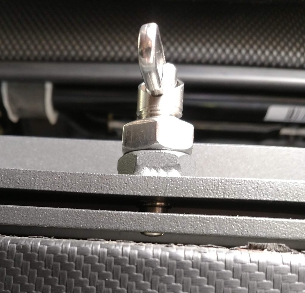 Seat swivel locking pin in locked position